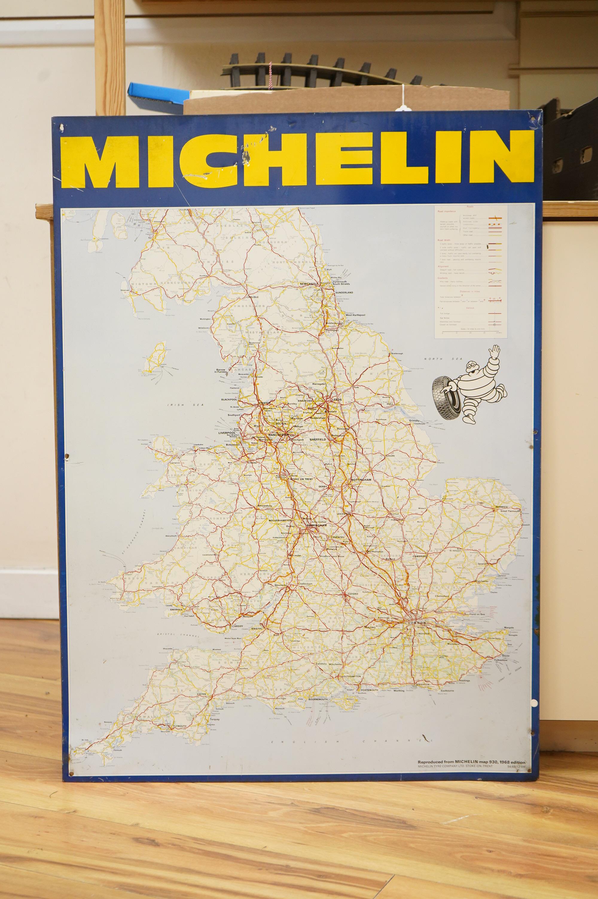 A 1960s Michelin printed tinplate road map, based on the Michelin map 930, 1968 edition, with a number of drilled securing holes, 86 x 62.5cm